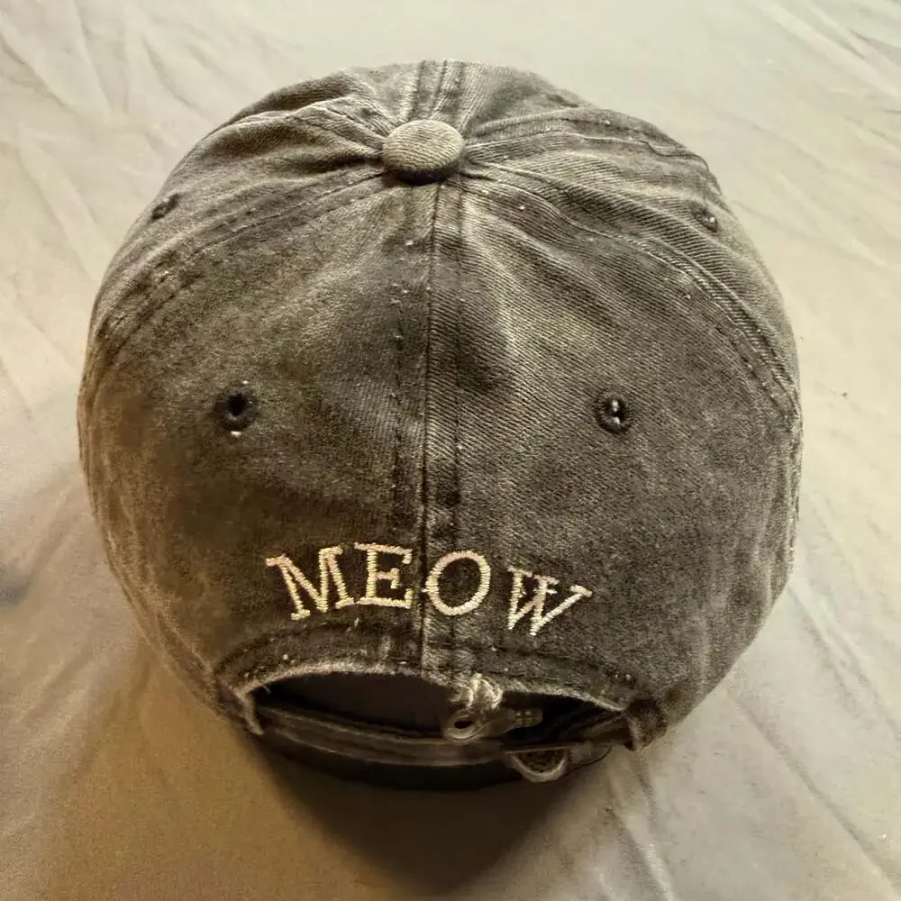 Francesca’s MEOW Cat Whiskers Washed Black Adjustable Dad Hat Distressed